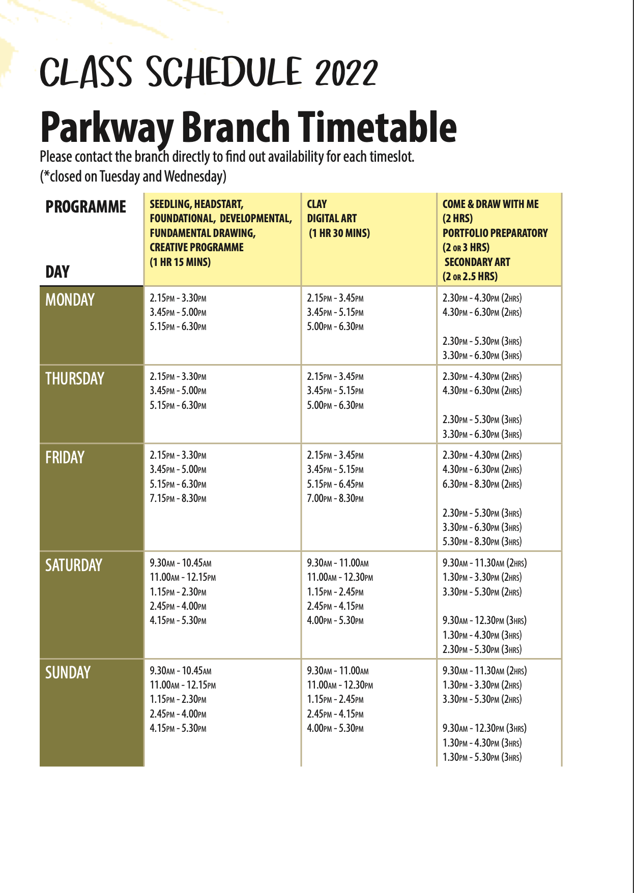 Timetable Parkway Branch
